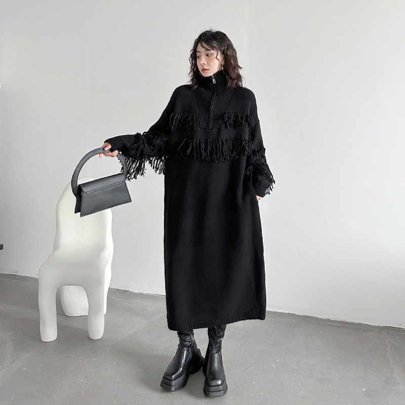 【Noir Mode】 秋冬 ハイネック フリンジ ニットワンピース デザイン性 ブラックコーデ 大きいサイズ レディース 体型カバー セーター ロングワンピース