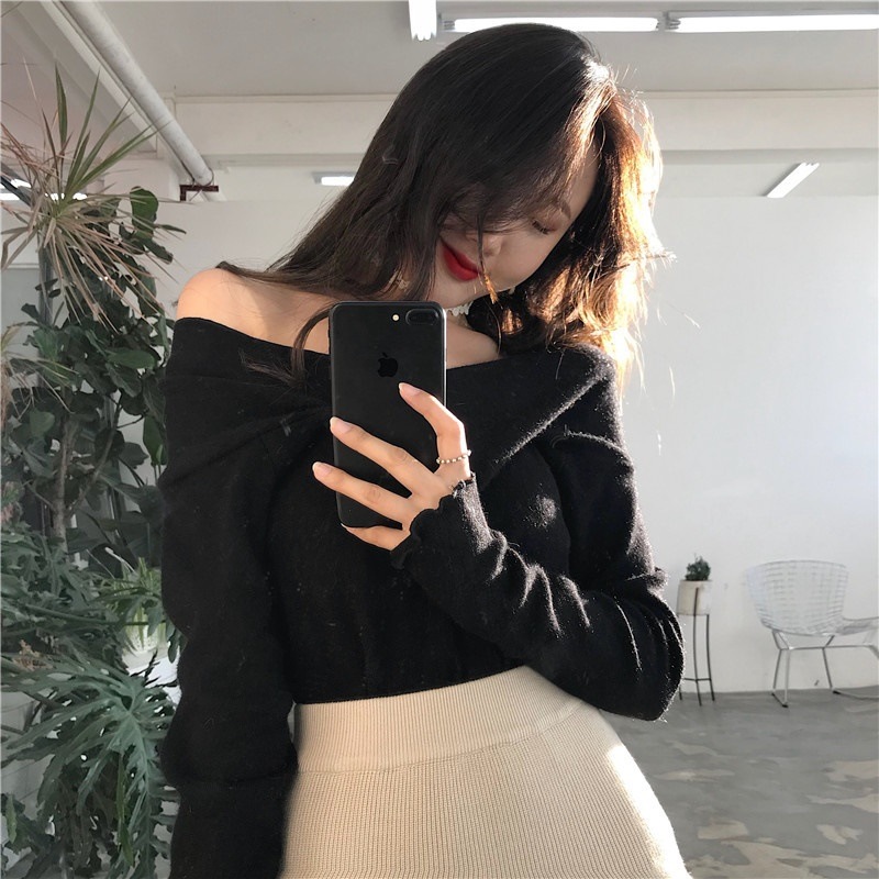 2267.Vネックオフショルダートップス(ブラック) 　大人 かわいい カジュアル OL 20代 30代 デート服 女子会