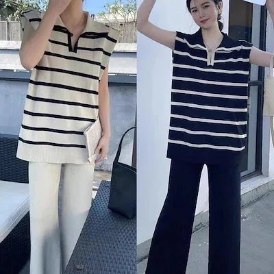 春夏 ノースリーブセット スト今週の割引は 25% オフですライプ 薄手ニット＋ハイウエストワイドパンツ 上下セット レディースqoo10