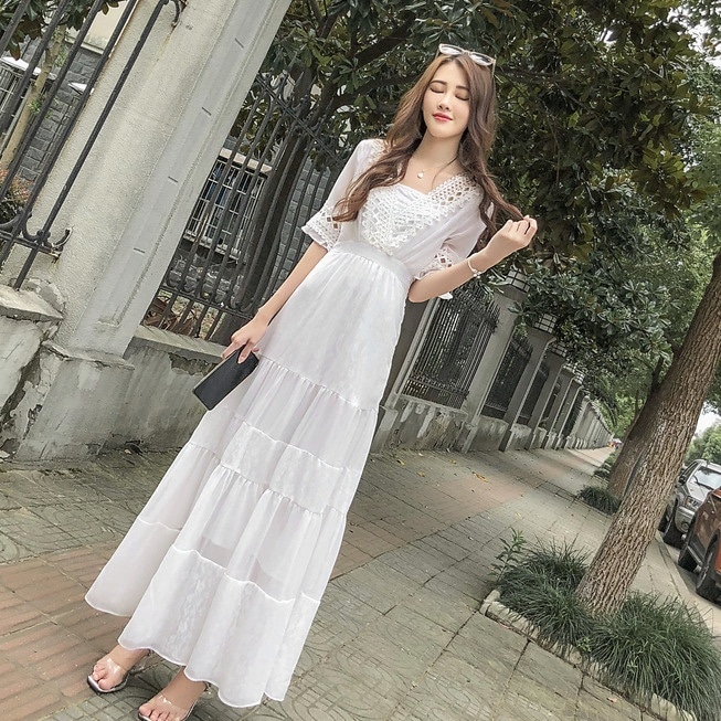 新作 レディース ワンピース ロング ロング丈 マキシ マキシ丈 半袖 スクエアネック フレア