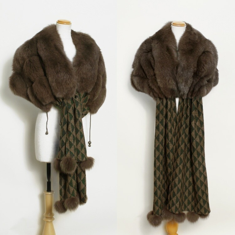 フォックス ファー ストール マフラー ダイヤ柄 ブラウン ロング ぼんぼり ケープ 送料無料 レディース ギフト プレゼント 99,000円