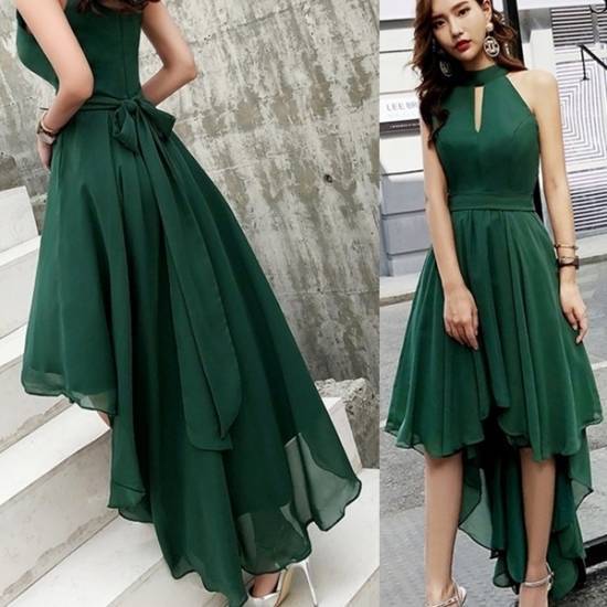 パーティードレス ワンピース ドレス パーティードレス レディース フィッシュテール 無地 グリーン ホルターネック 袖なし バックリボン