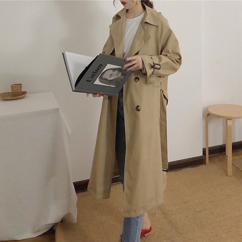 韓国 ファッション トレンチコート 定番 ロング丈 シンプル 大人カジュアル 通勤 韓国 オルチャン