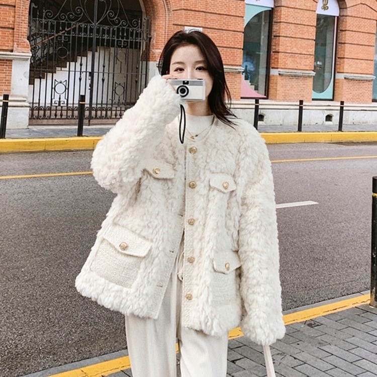 アウター レディース ジャケット ブルゾン S M L 韓国 ショート丈 長袖 ノーカラー もこもこ ポケット ツイード 異素材MIX かわいい 大人可愛い きれいめ シンプル カジュアル 大人 上品