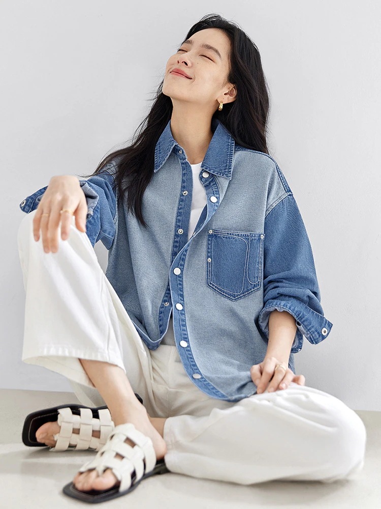 長袖ブラウスレトロ綿カウボーイシャツ女2024春装新ゆるいコート通勤カジュアル上着