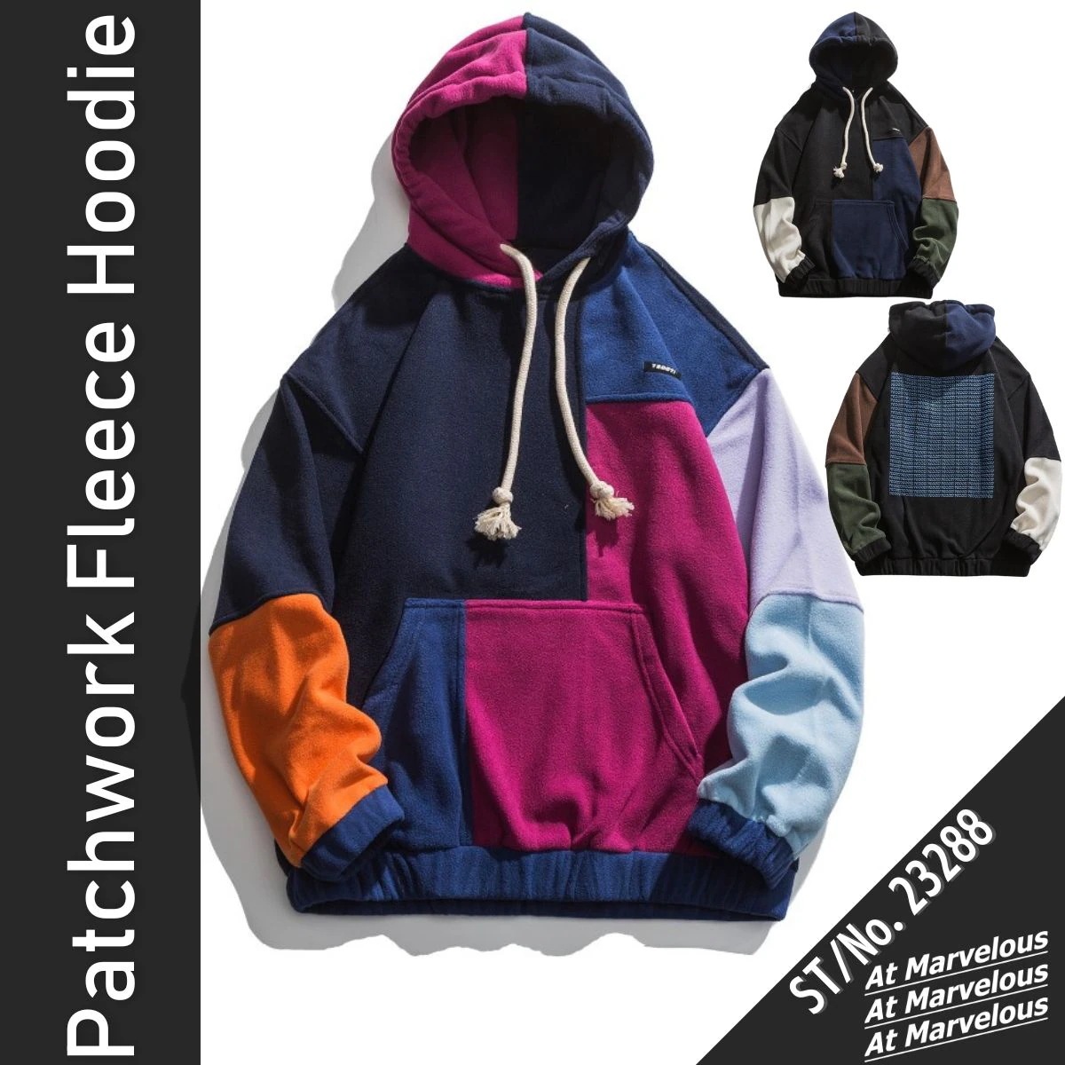 フリース フードパーカー プルオーバー トップス 起毛 メンズ メンズ スウェット カラフル ユニーク パッチワーク あったかい ポケット 裏起毛