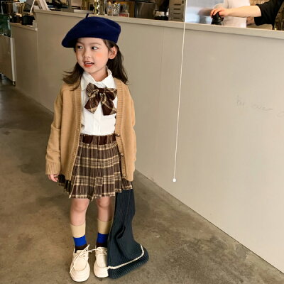 セットアップ女の子4点セットシャツカーディガンスカートチェックl柄入学式フォーマルスーツ制服スクール【シャツ＋カーディガン＋スカート】フォーマル学生服子服スカートキッズ長袖上下アップ子スーツ卒業式ジュ