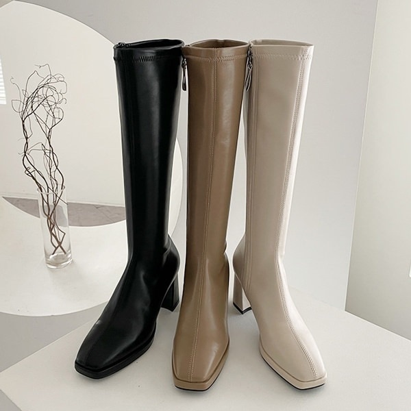 ロングブーツ スクエアトゥ サイドジップ ストーム レディース 黒 ブラック ベージュ アイボリー