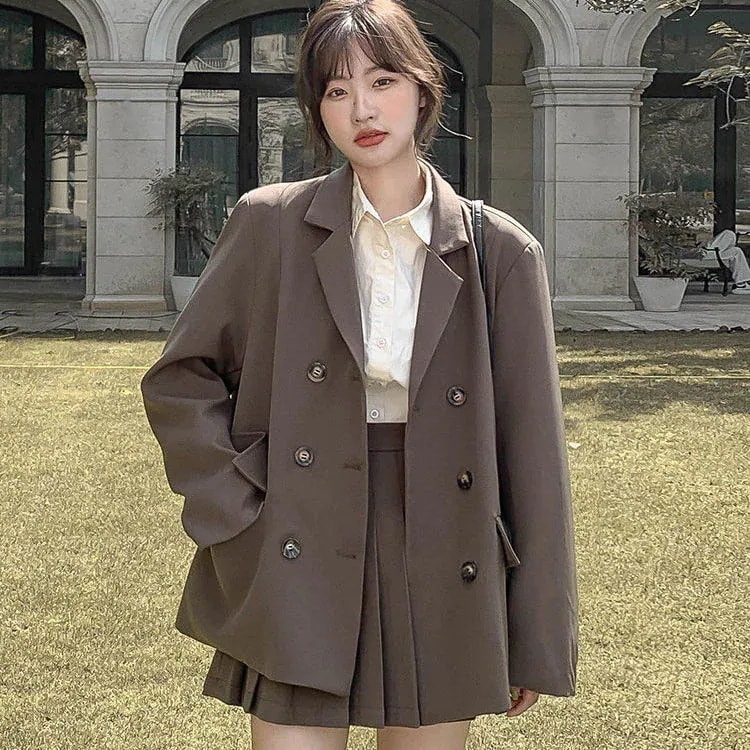 スーツプリーツスカートスーツ女性秋の学生ルーズオールマッチスーツジャケットショートスカートツーピース