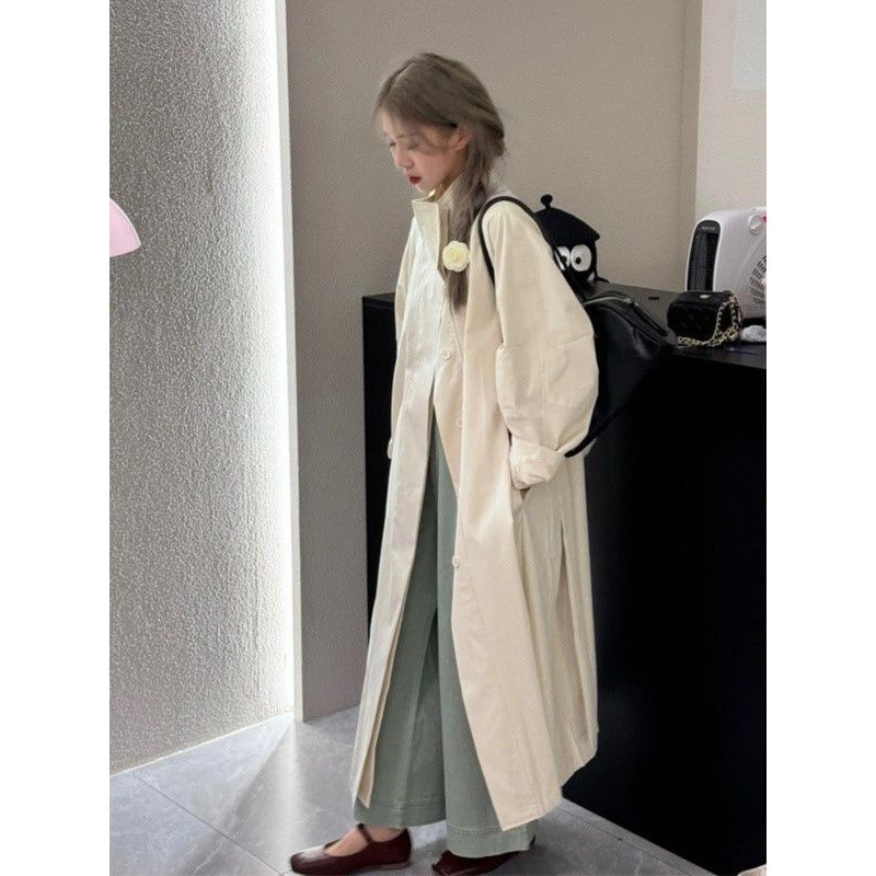 日系 ベージュ 春トレンチコート ジャケット ロングタイプ 気質 膝上丈ソックス上着 ファッション シングルブレスト セミロング