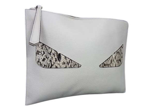 フェンディ セカンドバッグ バグズアイ クラッチバッグ モンスター バッグバグズ レザー パイソン 8M0370 5RR ポーチ シルバー金具 L字ファスナー ホワイト【本物保証】