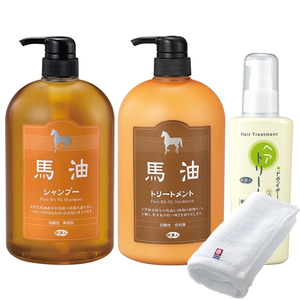正規販売代理店 定価より10%OFF 馬油シャンプー 馬油トリートメント 各1000ml 洗い流さないトリートメント 130g 今治タオル付き 馬油 シャンプー トリートメント 旅美人