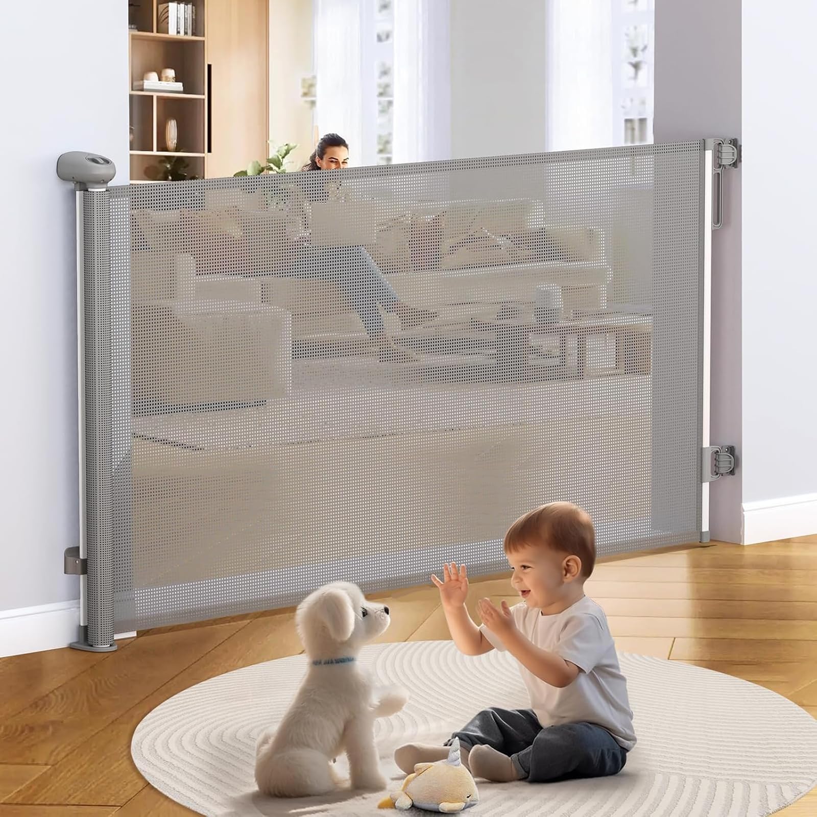 UNNIK ベビーゲート ロール式 【ネジ付け可＆貼り付け可】 幅180CM ペットゲート ベビーゲート 階段上 巻き取り式 階段ゲート 格納式 安全ロック機能 赤ちゃん/ペット/猫/犬に適応 日本語