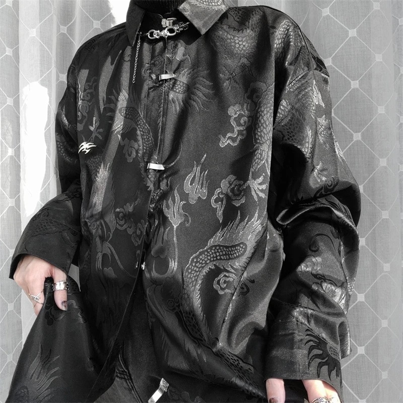 チャイナ風シャツ レディース 柄シャツ メンズ 長袖 龍紋 黒/白 ゆったり 男女兼用 金属ボタン