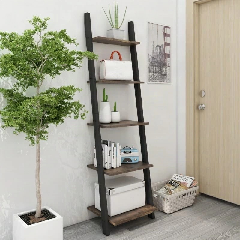 O&K オープンシェルフ 飾り棚 棚ラック木製 ５段ラック おしゃれ 本棚スリム 壁面収納 北欧スタイル ブラウン 収納棚 玄関 リビングルーム 木目幅45×奥行35×高さ154.3cm（ブラック）