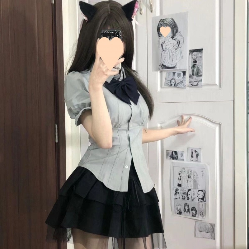 【1つ買うと10つ無料】女子大学の夏の甘くてスパイシーなス短袖シャツピュアウエストハギングシャツ