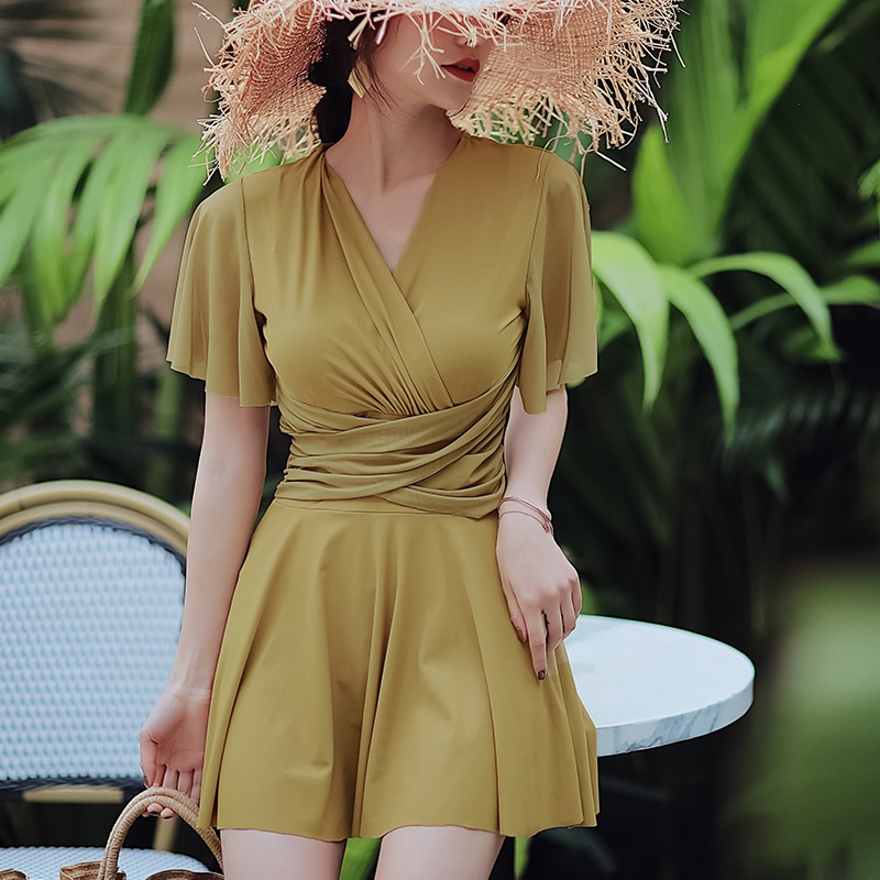 【送料無料】レディース 水着 ワンピース Vネック カシュクール フリル フレアスカート