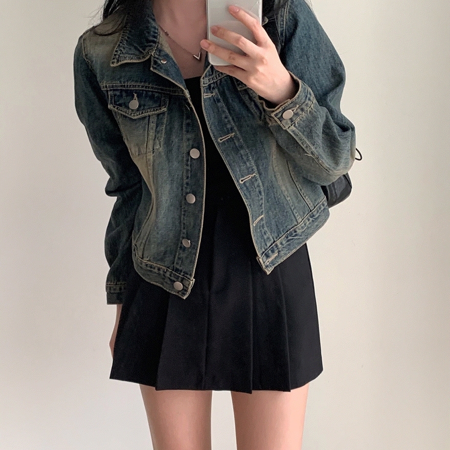 [グッドクオリティ/2サイズ] しっかり スプリング オブ ビンテージ クロップ デニムジャケット - jk