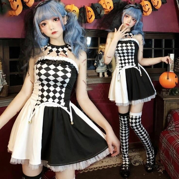 迅速な出荷 ハロウィン ピエロ コスプレ衣装 レディース ピエロ コスチューム 5点セット 黒＋白 チェック柄 ロリータ服 チューブトップ＋膝丈スカート 裾チュール Ａライン ネックウエア 靴下 髪飾