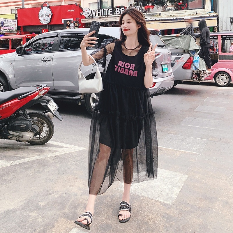 ブラックレタープリントファッションセット女性2024夏の新しいデザインメッシュスカートベストドレスツーピース
