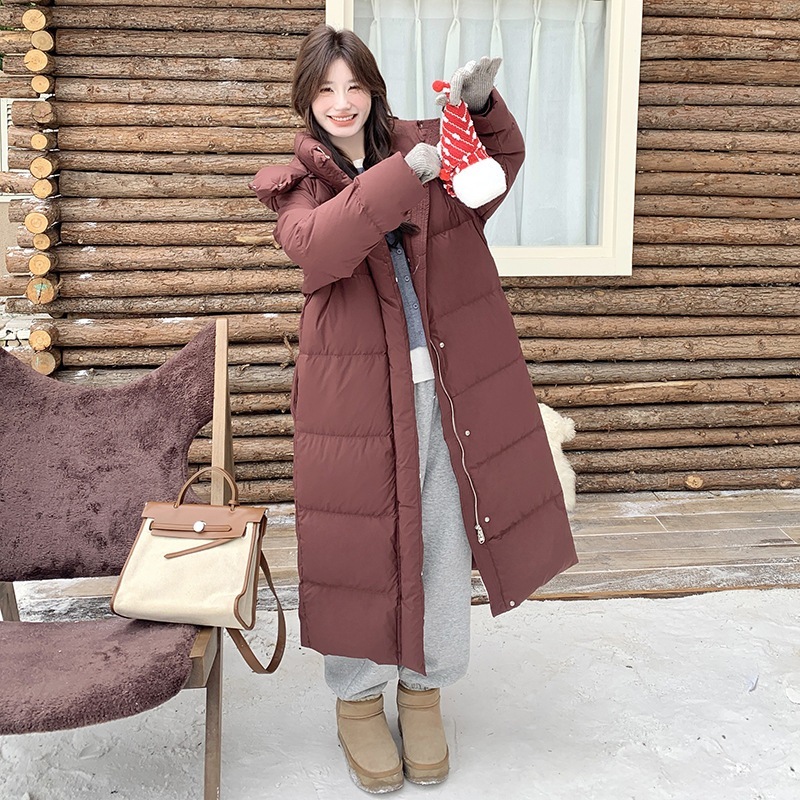 バーガンディー90ホワイトダックダウンジャケット2024新作韓国風ゆったり防風フード付きロングダウンジャケット 13,895円