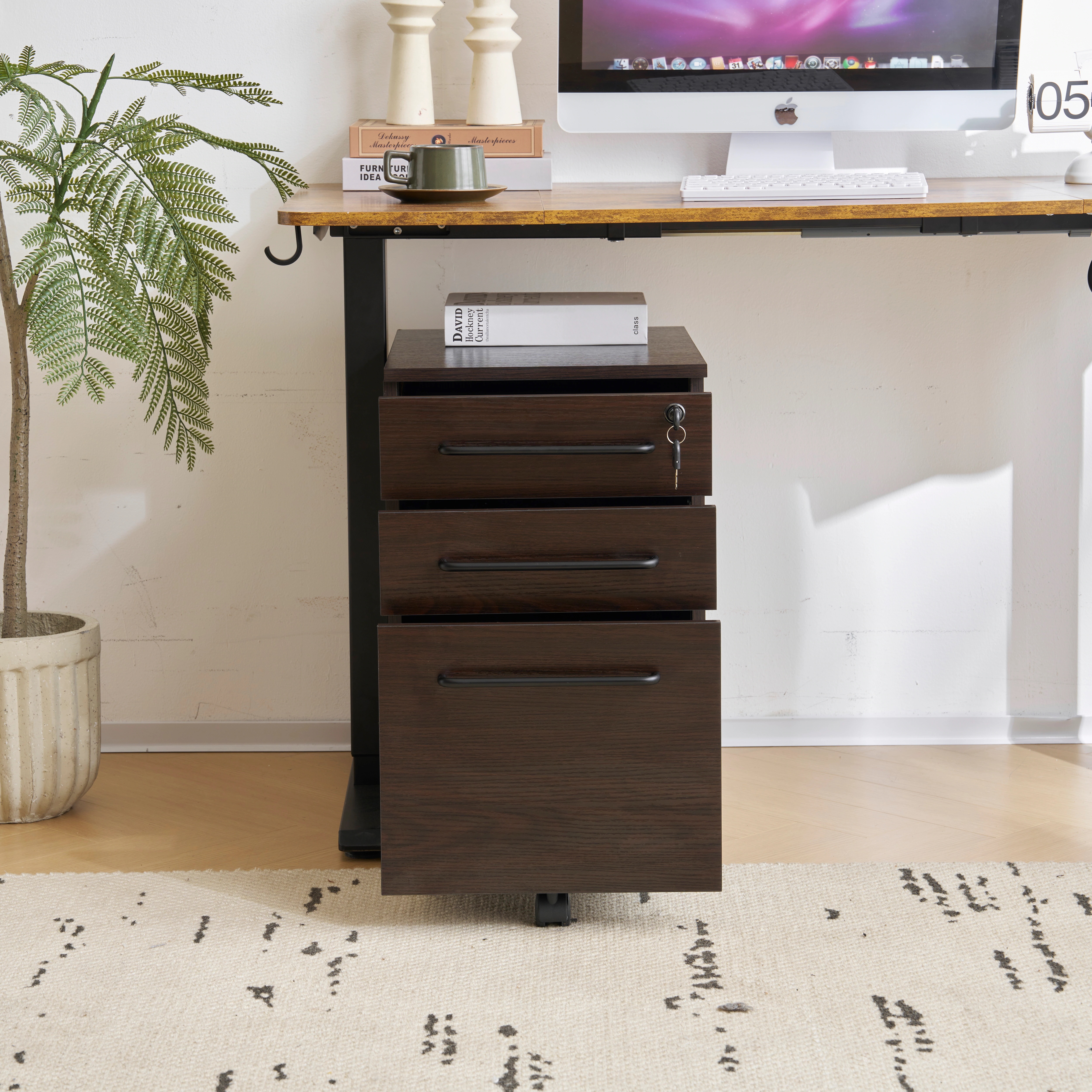 【国内発送】169【新品登場】デスクワゴン サイドワゴン ラック 鍵付き キャスター付き 脇机 引き出し3段　クルミ