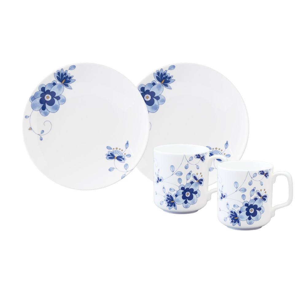 NARUMI(ナルミ) 食器セット ミラノ・デュオ ブルー 花柄 2柄セット 梅の花 更紗調 結婚祝い プレゼント 電子レンジ温め 食洗機対応 ギフト箱入り 97264-23393