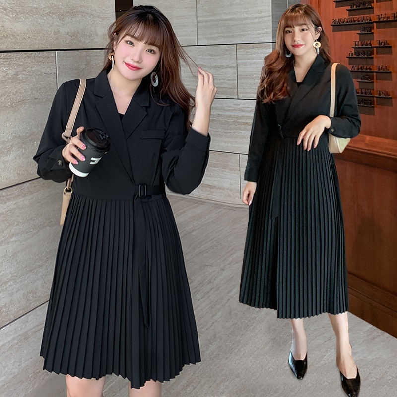 6L 4L 韓国ファッション ワンピース 秋冬 大きいサイズ マタニティ 体型カバー ゆったり 通勤 着痩せ 30代 40代 50代 60代大码女装秋季新品宽松显廋西装领连衣裙百褶裙内搭背心裙套装2