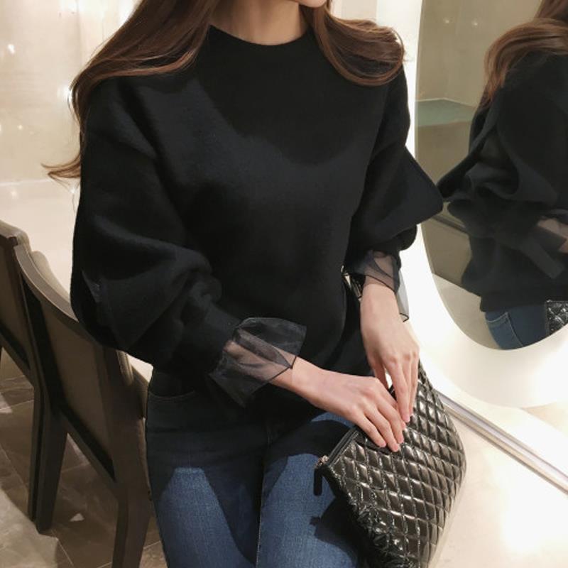 トップス カットソー プルオーバー 7分丈 7分袖 七分袖 ボリューム袖 パフスリーブ 萌袖 ラウンドネック レース シフォン 個性的 ブラック フリーサイズ こなれ感 エレガント クール