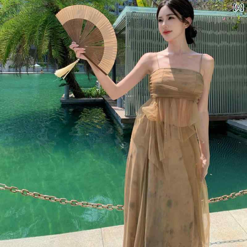 レディース リゾート ファッション チャイナ風 クール ロング スカート メッシュ サスペンダー スカート ツーピース