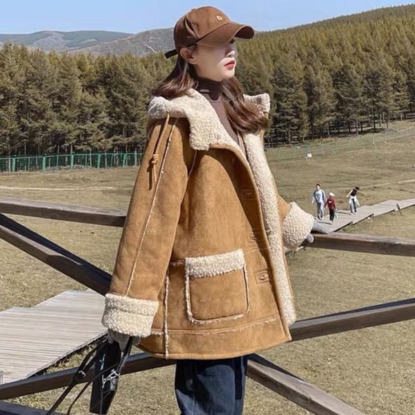 毛皮アウター 厚手防寒 ディアベルベット/フェイクラムズフリース/毛皮一体型 大きいサイズ コート レディース ゆったり 体型カバー ウォームファーアウター百掛け 通勤 裹起毛ジャケット30%までに制