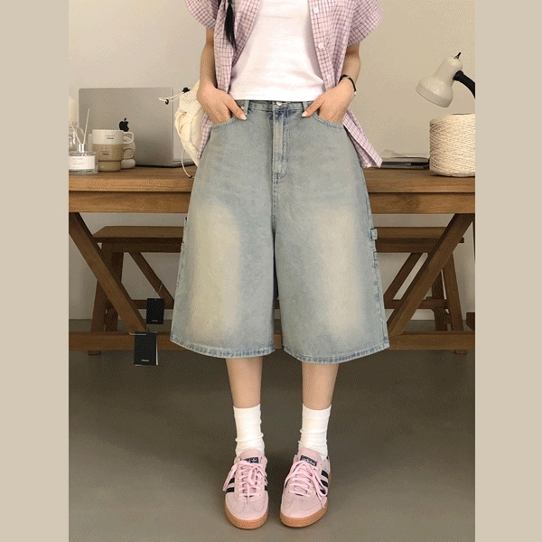 [Y2Kヒップムード/色色味最高人生フィット保障ビンテージ ウォッシング ミッドライズ カーフェンダー デニム バミューダパンツ (2color)