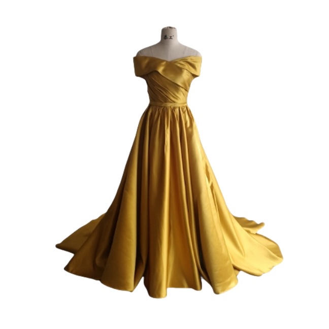 カラードレス イエロー オフショルダー Aライン 編み上げ 光沢サテン 前撮り