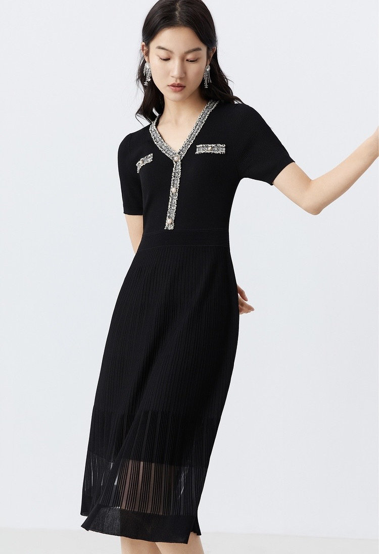 ワンピース レディース Aライン フォーマル シンプル エレガント 結婚式 二次会 ツイード パール付き リトルブラックドレス パーティー 大きいサイズ M L XL