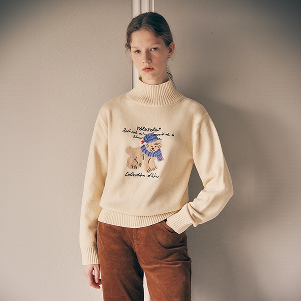 PUPPY JACQUARD HIGH NECK KNIT IVORY
