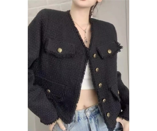レディース ジャケット カーディガン コート アウター 上着 ショート 長袖 Vネック ストレート フェミニン ウエスタン ボタン ツイード フリンジ 大人可愛い きれいめ シンプル カジュアル 上品