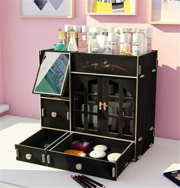 1500円以上300円割引クーポン適用半額セール 大人気 激安セール 早い者勝ち 鏡付き 木製 姫系 化粧品収納ボックス 化粧ボックス482165671