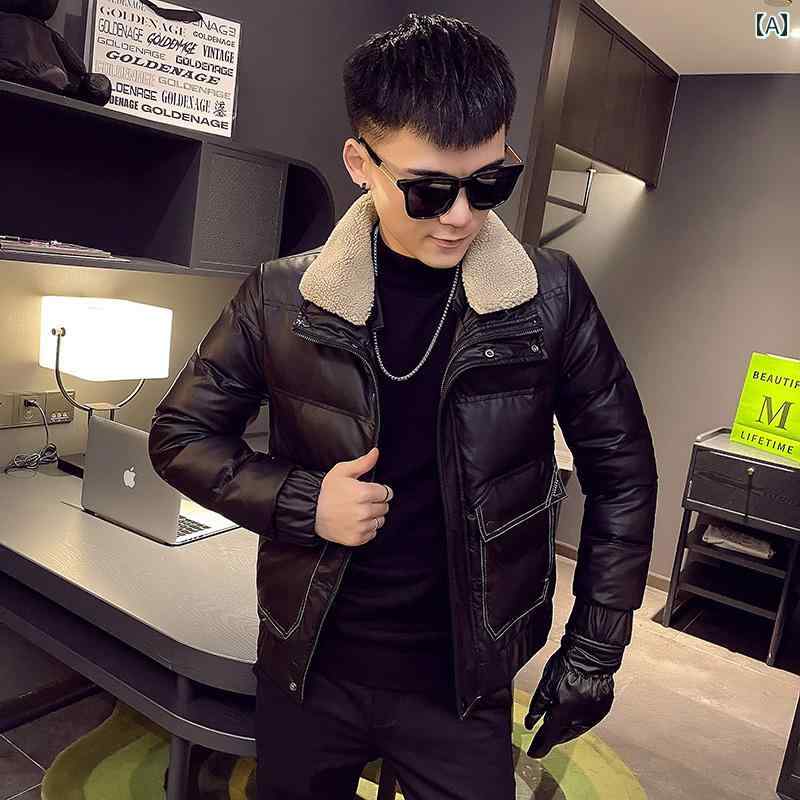 アウター メンズ カジュアル おしゃれ 厚手 冬 ダウン ジャケット 襟 革 服 ショート コート トレンディ レザージャケット