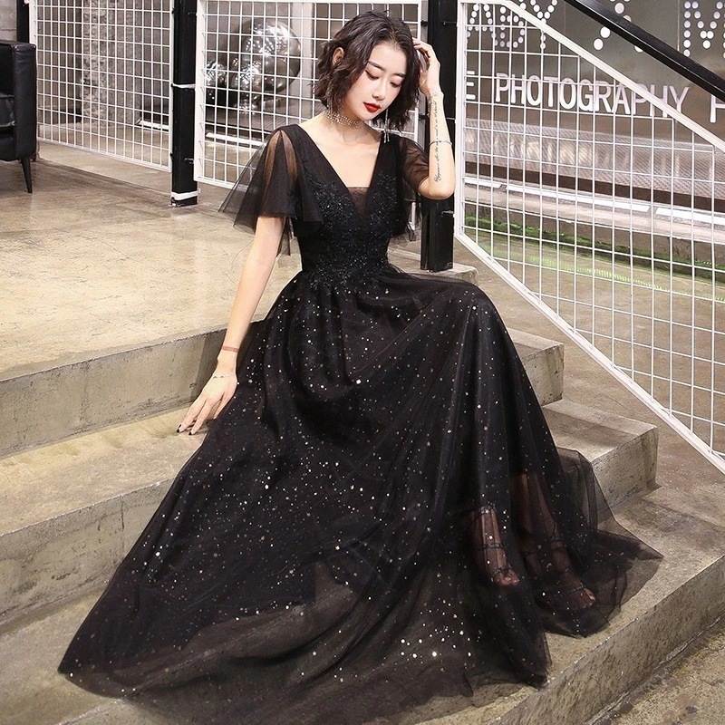 ブラックエレガントなドレス結婚式ドレスロング個性的パーティードレスお呼ばれAラインレースレディースワンピース大人結婚式披露宴演奏会ホストパーティー卒業パーティー