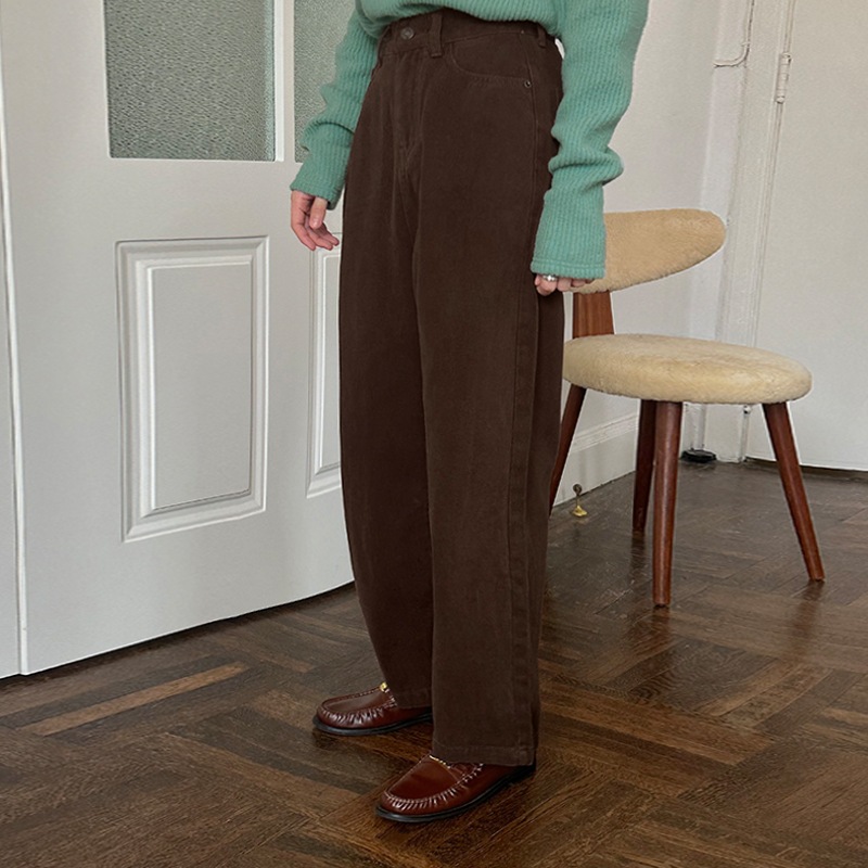 Shijian レトロ ハイウエスト ジーンズ レディース 2024 秋冬新作起毛厚手ゆったりカジュアルストレートパンツ 02977