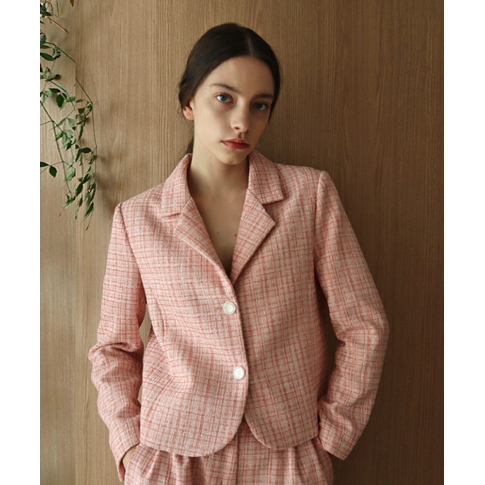 DAMAGE MNEMONICツイード2グリッタークロップピンクジャケット_ Tweed2 Glitter Crop Pk JK