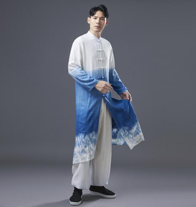 メンズ チャイナ服 綿麻 中華服 唐装 洗い加工 ハンドメイド 民族風 タイダイ柄 チャイナドレス 男性 チャイナ服 ロング丈チャイナシャツ チャイナボタン 長袍 唐装 武術服 中国伝統衣装 漫才ウェ