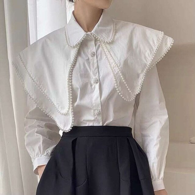 レディース ２層ビーズビックカラーブラウス ビーズネック フリルブラウス 長袖 ブラウス シャツ 大人可愛い ママコーデ ママファッション 韓国系 オルチャン 人気 トレンド 新作