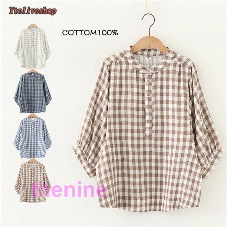安い商品 今日だけ シャツ 七分袖 長袖 バンドカラー ギンガム チェック 配色 プルオーバー風 薄手 綿100% チェックシャツ ボリューム袖 レディース ギフトポイント