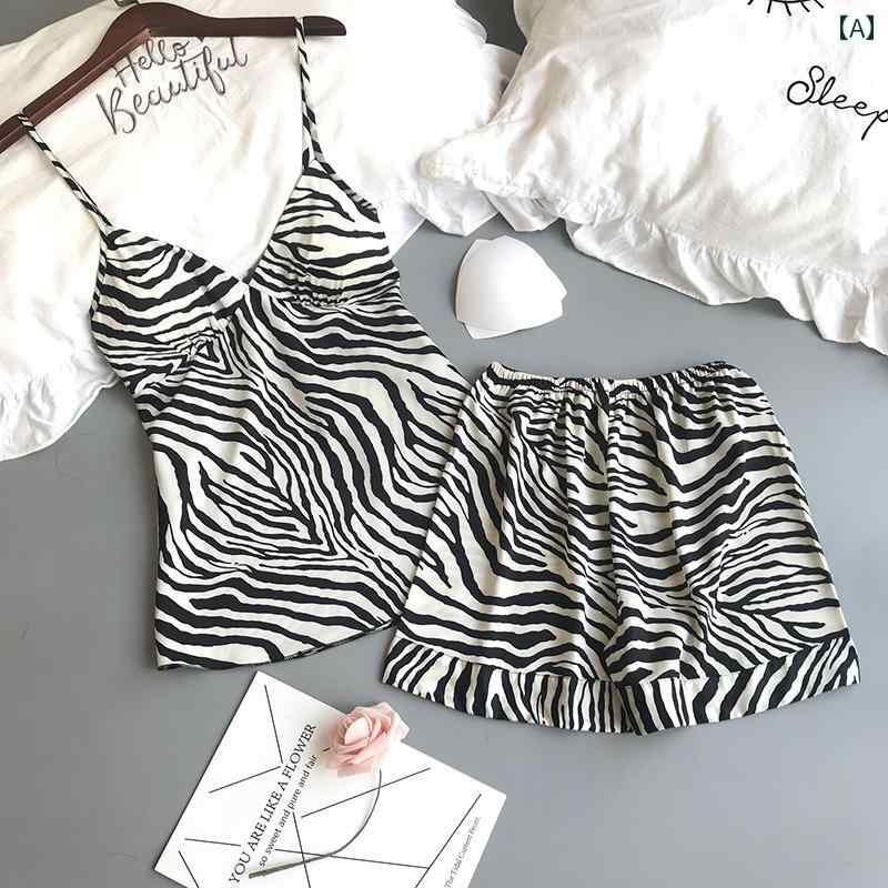 レディース パジャマ ナイトウェア ルームウェア かわいい セクシー ゼブラ柄 夏 キャミソール 胸パッド付き ショーツ セットアップ エレガント ホームウェア リラックスウェア
