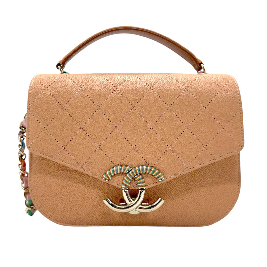 シャネル CHANEL ハンドバッグ ショルダーバッグ Cuba CC キャビアスキンレザー オレンジベージュ ゴールド レディース n0469