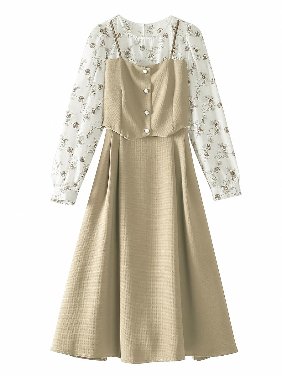 ロングワンピース ドレス フェイクレイヤード 長袖ワンピース ロング春夏 コットン混紡 通勤通学旅行