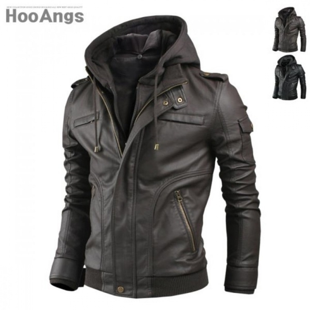 (Juans) レザージャンパー取り外し可能なスリーブポケットフード付き PWJP6716