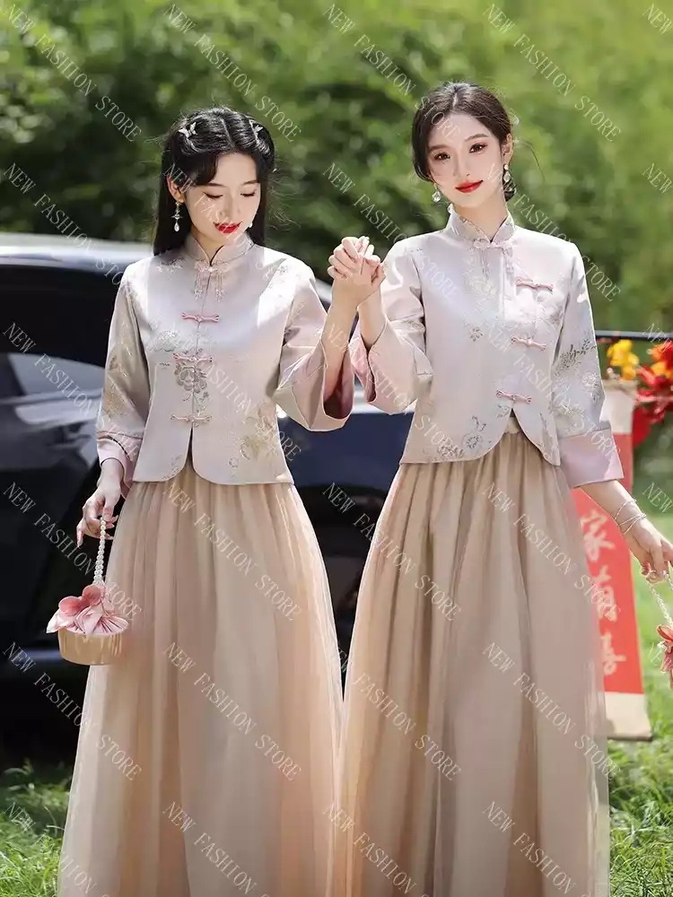 新中式付き添い人服姉妹団ドレススカート女長袖唐装秋-12