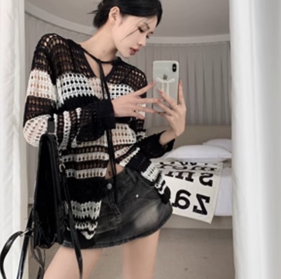 レディース トップス サマーニット 長袖 ボーダー 薄手 スリット 大人可愛い きれいめ シンプル カジュアル 上品 おしゃれ かっこいい レトロ こなれ感 ラフ ガーリー ルーズ 個性的 クール